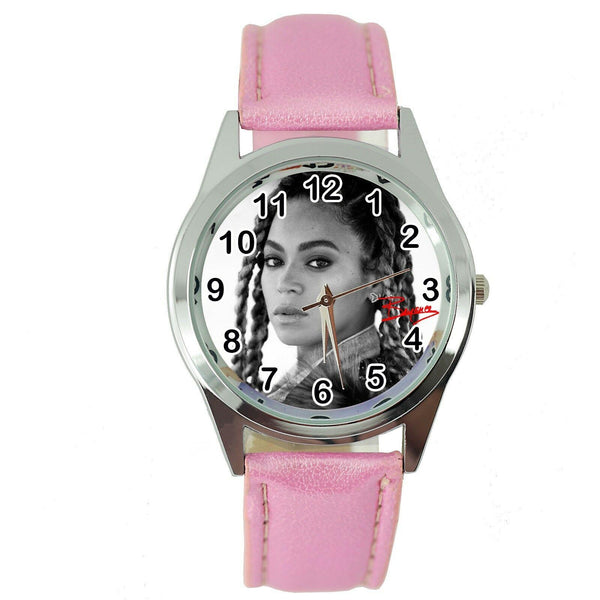 BEYONCE MUSIC STAR SINGER STAINLESS Steel PINK LEATHER BAND ROUND CD WATCH