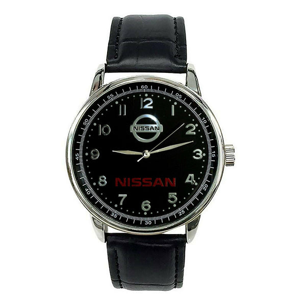 NISSAN Mens Stainless Steel Black Dial Black Leather Strap Sport CAR Watch