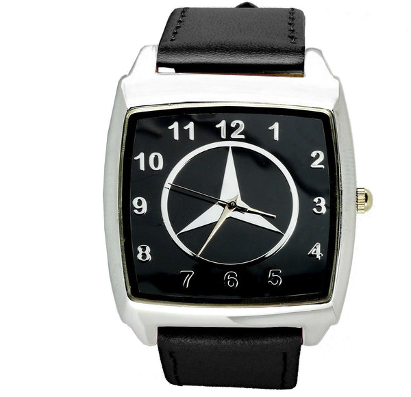 Mercedes Benz 3d chrome square sport watch black real leather strap