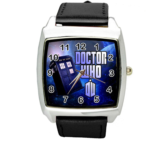 DR WHO E2 Stainless Steel BLACK LEATHER FILM MOVIE DVD SQUARE SCI FI  WATCH
