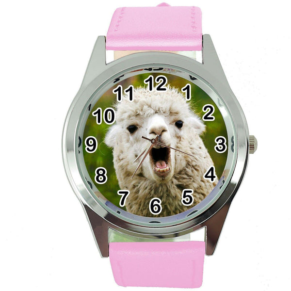 LAMA ALPACA NO DRAMA Steel PINK LEATHER QUARTZ ANALOG WATCH UHR RELOJ