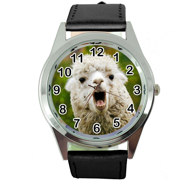 LAMA ALPACA NO DRAMA Steel BLACK LEATHER QUARTZ ANALOG WATCH UHR RELOJ