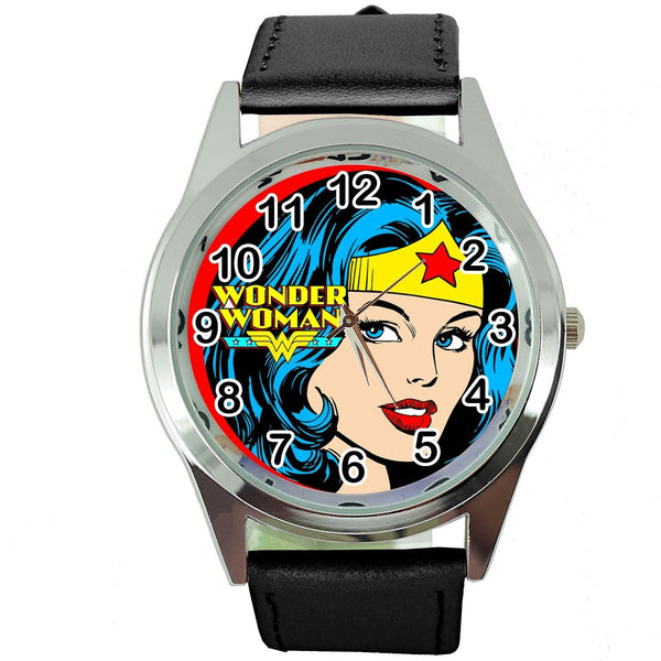 WONDER WOMAN FILM SUPERHERO HERO BLACK LEATHER COMICS MOVIE DVD ROUND WATCH