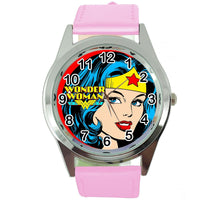 WONDER WOMAN FILM SUPERHERO HERO PINK LEATHER COMICS MOVIE DVD ROUND WATCH