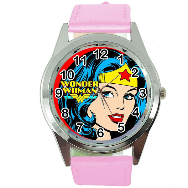 WONDER WOMAN FILM SUPERHERO HERO PINK LEATHER COMICS MOVIE DVD ROUND WATCH