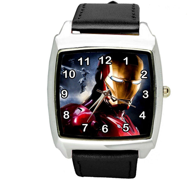 IRONMAN IRON MAN E2 FILM HERO BLACK LEATHER COMICS MOVIE DVD SQUARE WATCH