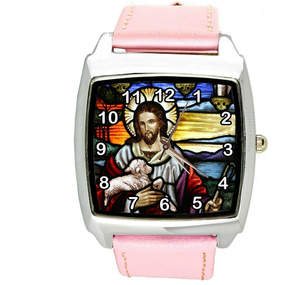 JESUS CHRIST CHURCH HOLY BIBLE  Steel PINK LEATHER FILM MOVIE DVD SQUARE WATCH